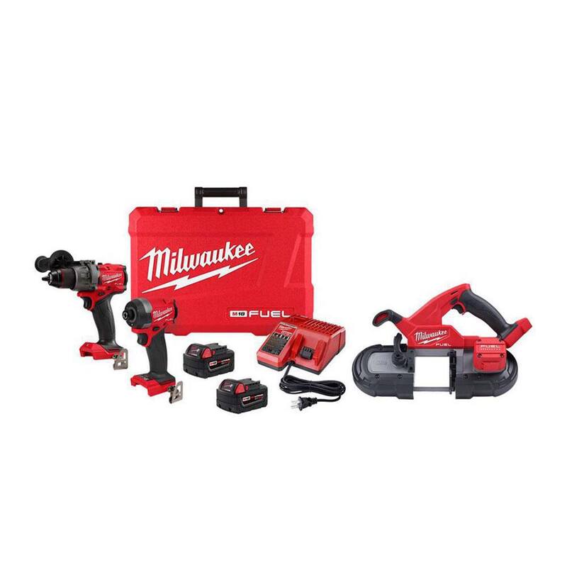 Juego de combo de taladro inalámbrico sin escobillas de martillo Milwaukee M18 FUEL 18-V de iones de litio y controlador de impacto (2 herramientas) con sierra de banda compacta - 3697-22-2829-20