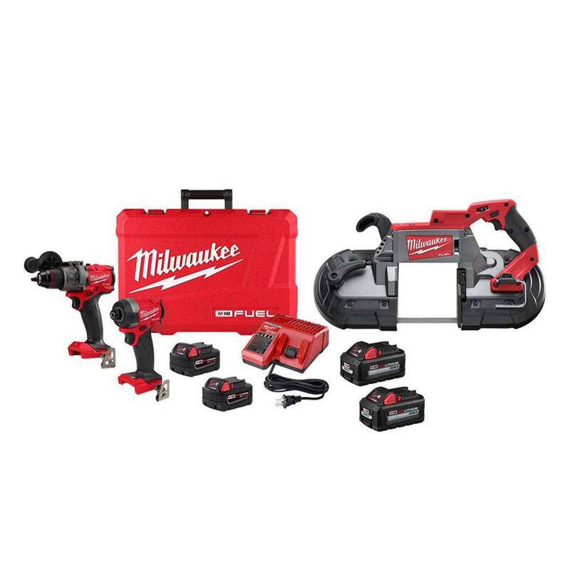 Milwaukee M18 FUEL 18-Volt Lithium-Ion Brushless Cordless Hammer Drill/Band Saw/Impact Driver Combo Kit 3-Tool con (4) Baterías - 3697-22-2729-20-48-11-1862