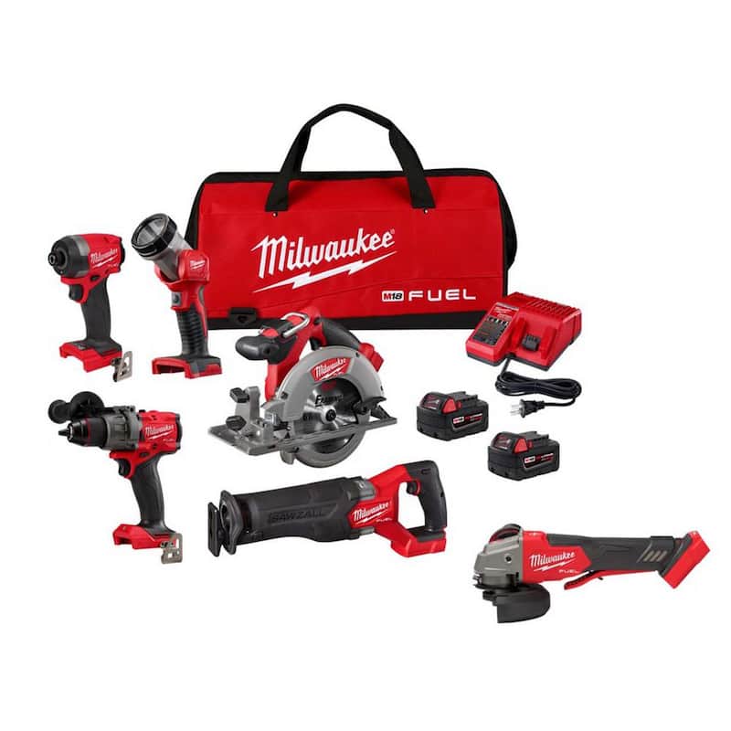 Kit combo inalámbrico Milwaukee M18 FUEL 18V de iones de litio sin escobillas (5 herramientas) con esmeriladora sin escobillas con velocidad variable y interruptor tipo paleta - 3697-25-2888-20