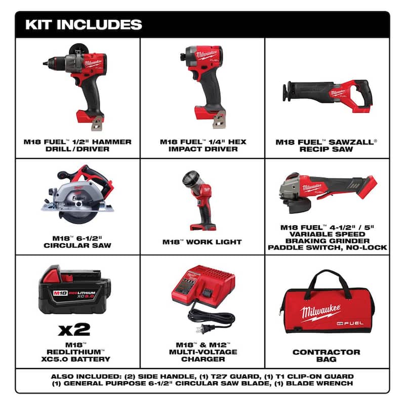 Kit combo inalámbrico Milwaukee M18 FUEL 18V de iones de litio sin escobillas (5 herramientas) con esmeriladora sin escobillas con velocidad variable y interruptor tipo paleta - 3697-25-2888-20