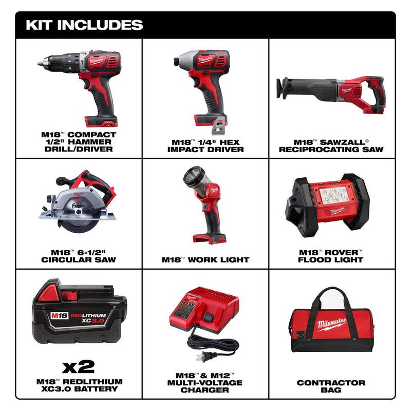 Kit combo inalámbrico Milwaukee M18 18V de iones de litio con dos baterías de 3.0Ah (4 herramientas) con sierra circular de 6-1/2 pulgadas y luz de inundación - 2696-24-2630-20-2361-20.