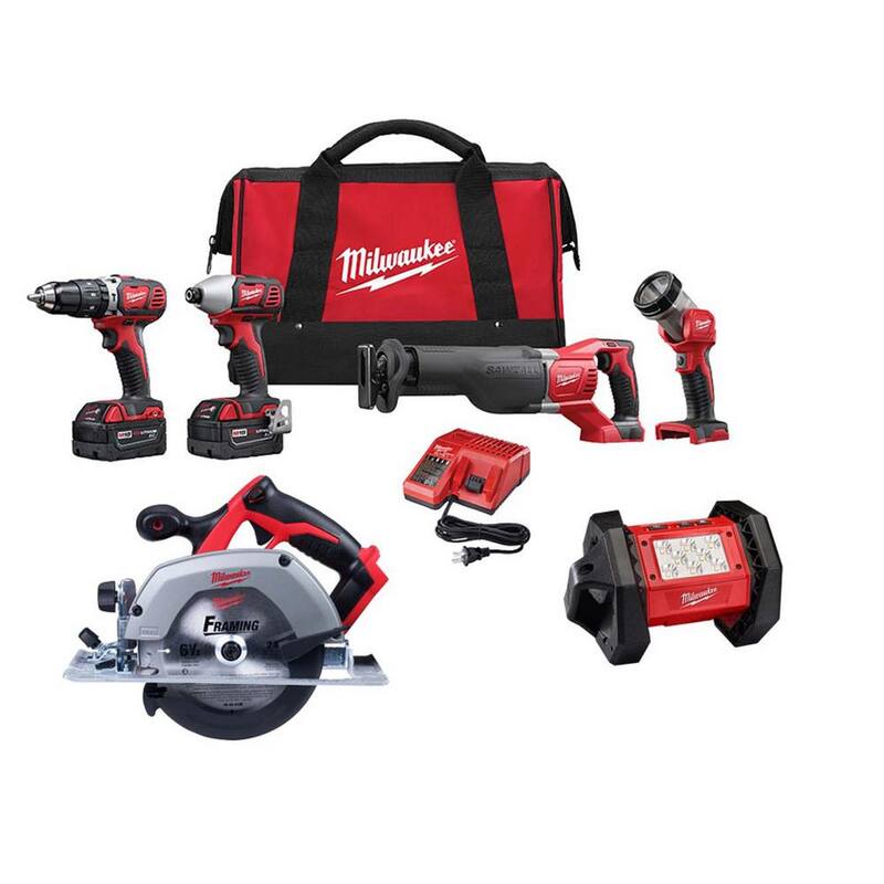 Kit combo inalámbrico Milwaukee M18 18V de iones de litio con dos baterías de 3.0Ah (4 herramientas) con sierra circular de 6-1/2 pulgadas y luz de inundación - 2696-24-2630-20-2361-20.