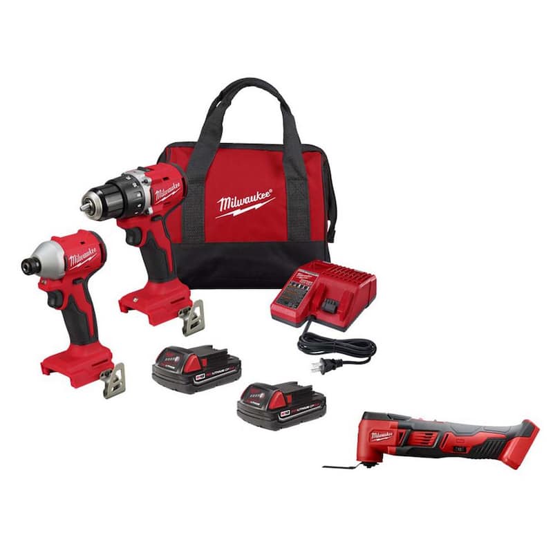 Juego de taladro/impacto inalámbrico compacto Milwaukee M18 18V de iones de litio sin escobillas (2 herramientas) con herramienta múltiple oscilante - 3692-22CT-2626-20