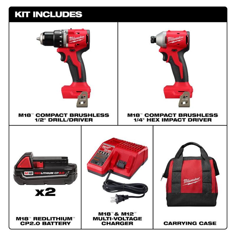 Juego de taladro/impacto inalámbrico compacto Milwaukee M18 18V de iones de litio sin escobillas (2 herramientas) con herramienta múltiple oscilante - 3692-22CT-2626-20