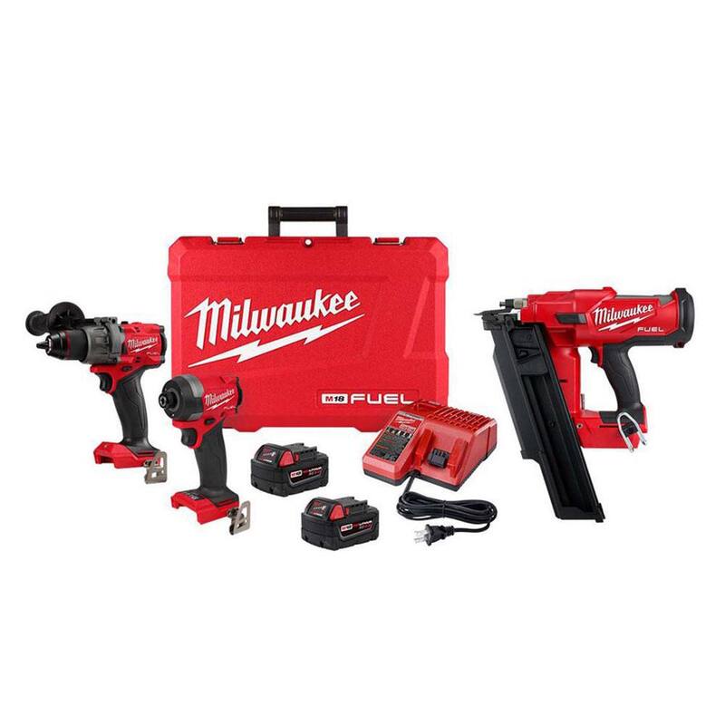 Milwaukee M18 FUEL 18-V Lithium-Ion Brushless Cordless Hammer Drill and Impact Driver Combo Kit (2 herramientas) con clavadora de marcos - 3697-22-2744-20