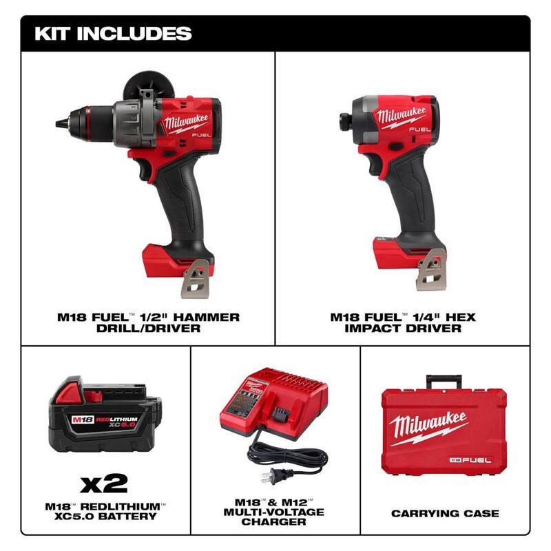 Milwaukee M18 FUEL 18-V Lithium-Ion Brushless Cordless Hammer Drill and Impact Driver Combo Kit (2 herramientas) con clavadora de marcos - 3697-22-2744-20