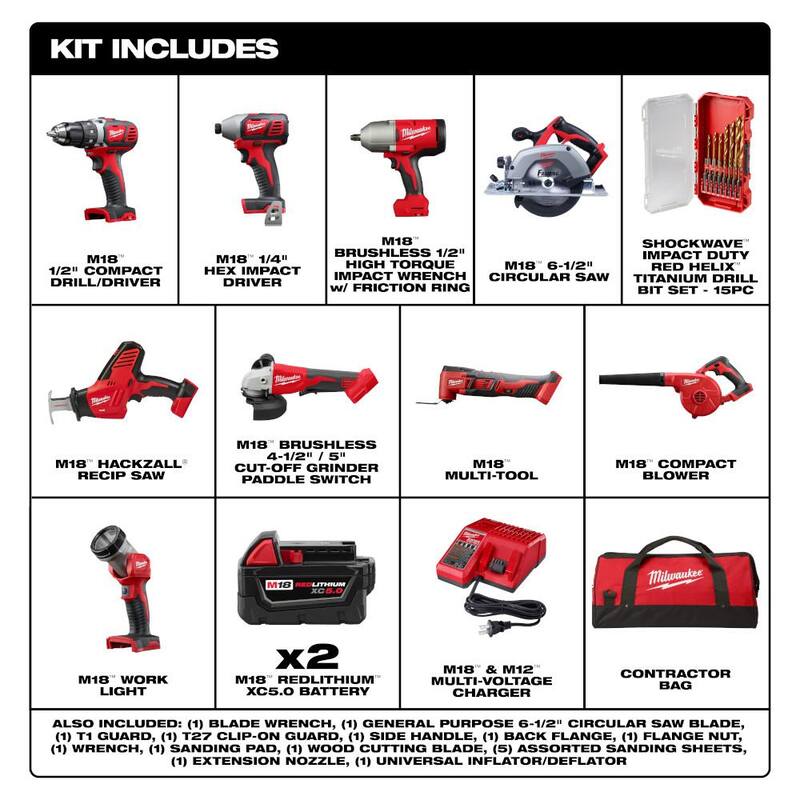 Juego de combos inalámbricos Milwaukee M18 18V de ion de litio (9 herramientas) con (2) baterías, cargador y juego de brocas (15 piezas) - 2694-29-48-89-4670