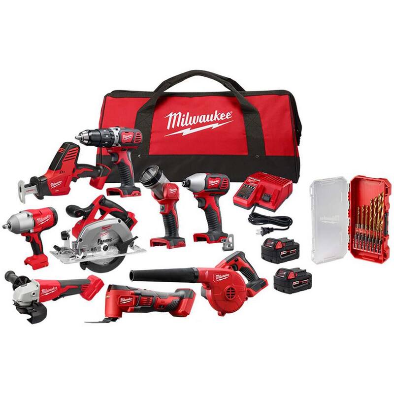 Juego de combos inalámbricos Milwaukee M18 18V de ion de litio (9 herramientas) con (2) baterías, cargador y juego de brocas (15 piezas) - 2694-29-48-89-4670
