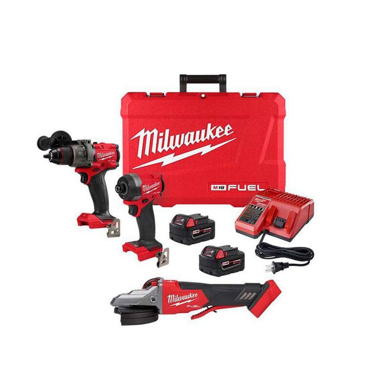 Milwaukee M18 FUEL 18-V Li-Ion Brushless Cordless Hammer Drill/Impact Driver Combo Kit (2 herramientas) con amoladora de cabeza plana de frenado de 5 pulgadas - 3697-22-2886-20