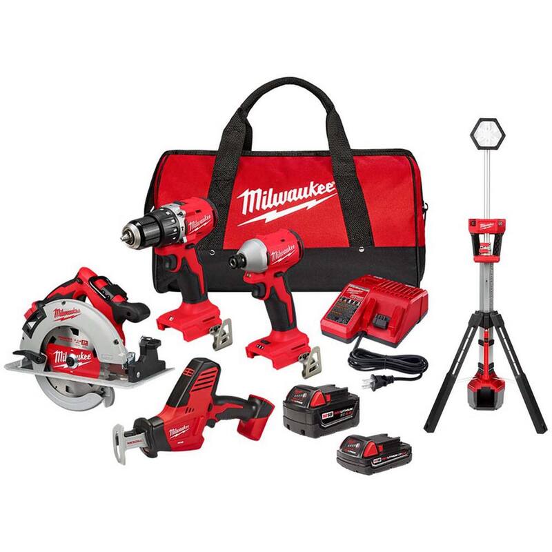 Juego de combinación inalámbrico Milwaukee M18 de 18 voltios con tecnología Brushless de iones de litio (4 herramientas) con 2 baterías, 1 cargador y bolsa de herramientas con torre de luz - 3693-24CX-2131-20