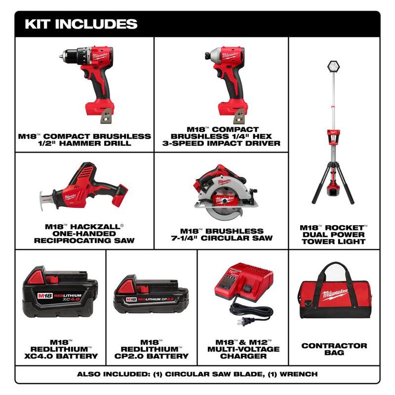Juego de combinación inalámbrico Milwaukee M18 de 18 voltios con tecnología Brushless de iones de litio (4 herramientas) con 2 baterías, 1 cargador y bolsa de herramientas con torre de luz - 3693-24CX-2131-20