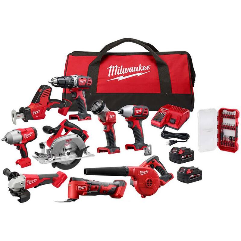 Juego de combinación inalámbrico Milwaukee M18 18V de ion de litio (9 herramientas) con (2) baterías, cargador y juego de puntas destornilladores SHOCKWAVE (25 piezas) - 2694-29-48-32-4095