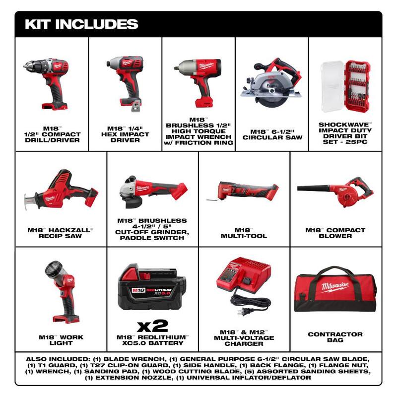 Juego de combinación inalámbrico Milwaukee M18 18V de ion de litio (9 herramientas) con (2) baterías, cargador y juego de puntas destornilladores SHOCKWAVE (25 piezas) - 2694-29-48-32-4095