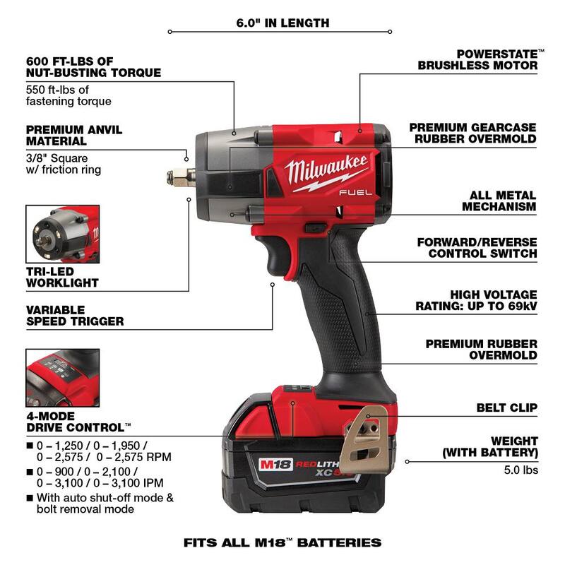 Juego Combo de Llave de Impacto Inalámbrica Milwaukee M18 FUEL 18V Brushless de Iones de Litio (3 Herramientas) con (2) Baterías de 5.0 - 2863-20-2960-20-2962-20-48-11-1850X2
