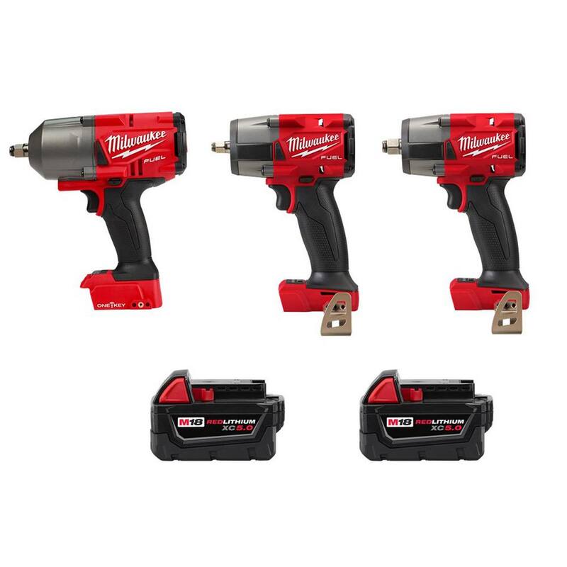 Juego Combo de Llave de Impacto Inalámbrica Milwaukee M18 FUEL 18V Brushless de Iones de Litio (3 Herramientas) con (2) Baterías de 5.0 - 2863-20-2960-20-2962-20-48-11-1850X2