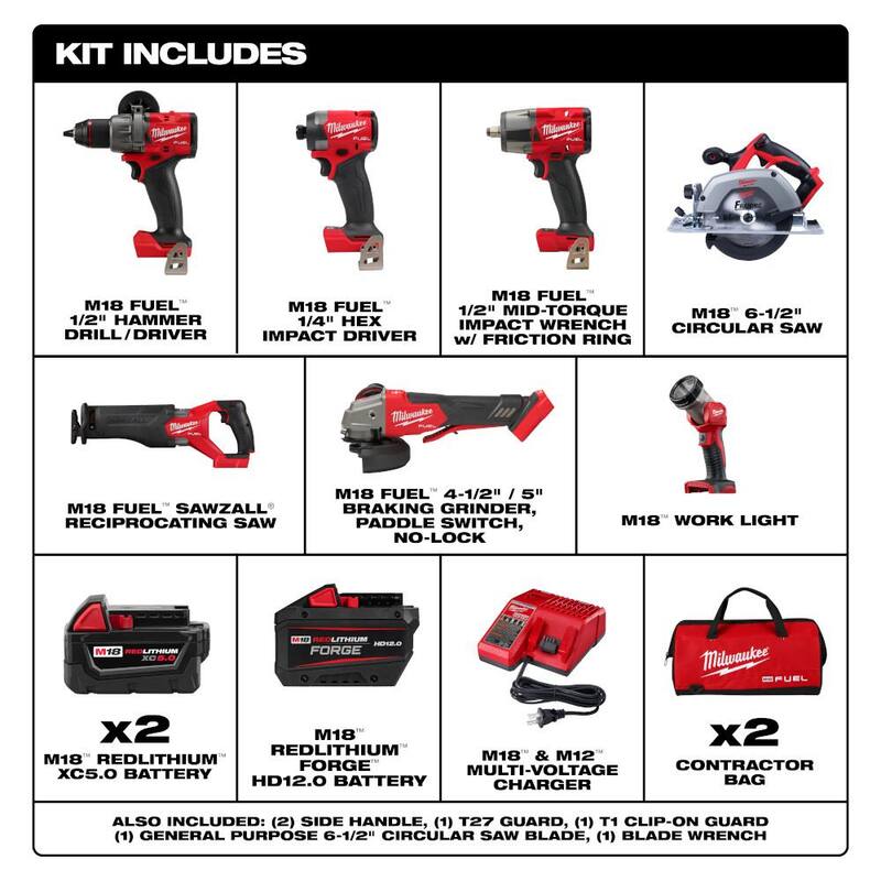 Milwaukee M18 FUEL 18V Lithium-Ion Brushless Cordless Combo Kit con Dos Baterías de 5.0 Ah, 1 Cargador, 2 Bolsas de Herramientas (7 Herramientas) - 3697-27-48-11-1813