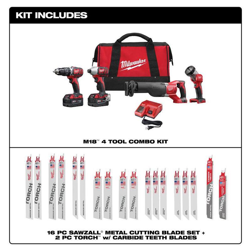Milwaukee M18 18V Lithium-Ion Cordless Combo Kit with Two 3.0Ah Batteries, Charger, Tool Bag (4 herramientas) con juego de hojas SAWZALL - 2696-24-49-22-1216Y