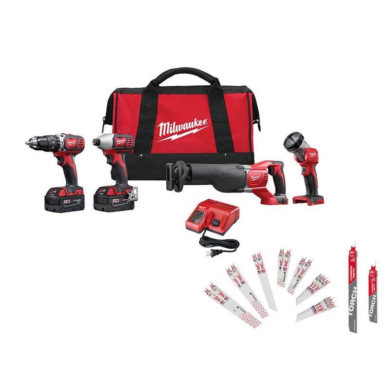 Milwaukee M18 18V Lithium-Ion Cordless Combo Kit with Two 3.0Ah Batteries, Charger, Tool Bag (4 herramientas) con juego de hojas SAWZALL - 2696-24-49-22-1216Y
