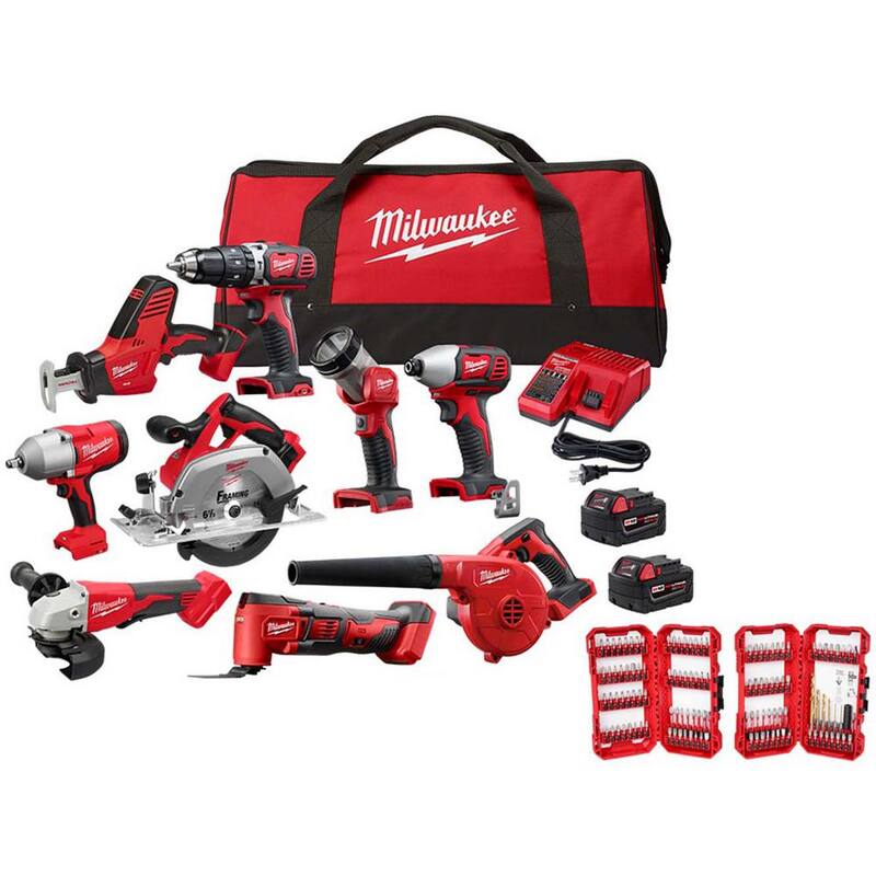 Juego combinado inalámbrico de iones de litio Milwaukee M18 18V (9 herramientas) con (2) baterías, cargador, bolsa para herramientas y juego de puntas (120 piezas) - 2694-29-48-32-5155
