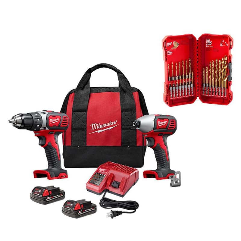 Kit combinado de taladro inalámbrico/destornillador de impacto Milwaukee M18 18V de iones de litio (2 herramientas) con juego de 23 piezas de brocas - 2691-22-48-89-4631