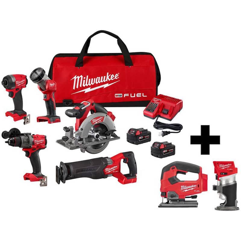 Kit combo inalámbrico Milwaukee M18 FUEL de 18 voltios con tecnología de iones de litio sin escobillas (5 herramientas) con sierra caladora M18 FUEL y enrutador compacto - 3697-25-2737-20-2723-20