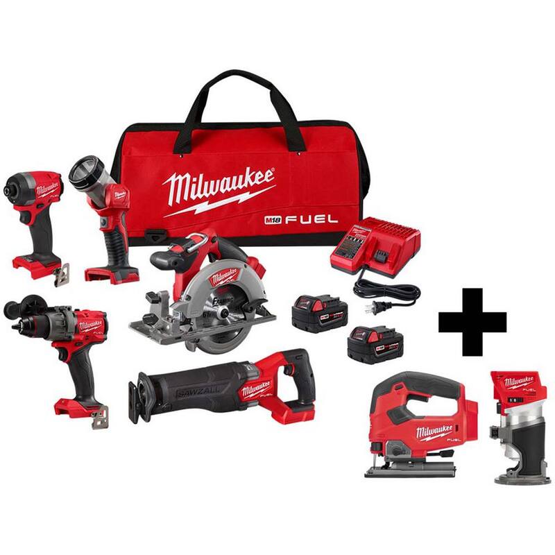 Kit combo inalámbrico Milwaukee M18 FUEL de 18 voltios con tecnología de iones de litio sin escobillas (5 herramientas) con sierra caladora M18 FUEL y enrutador compacto - 3697-25-2737-20-2723-20