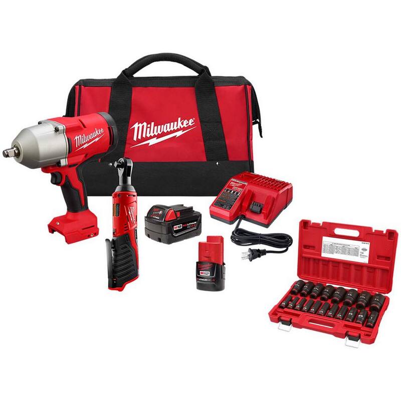 Milwaukee M12/M18 12/18V Juego Combo de Trinquete Inalámbrico de Ión de Litio de 3/8 pulg. y Llave de Impacto de 1/2 pulg. con Juego de Dados (19 piezas) - 2666-22RH-49-66-7012