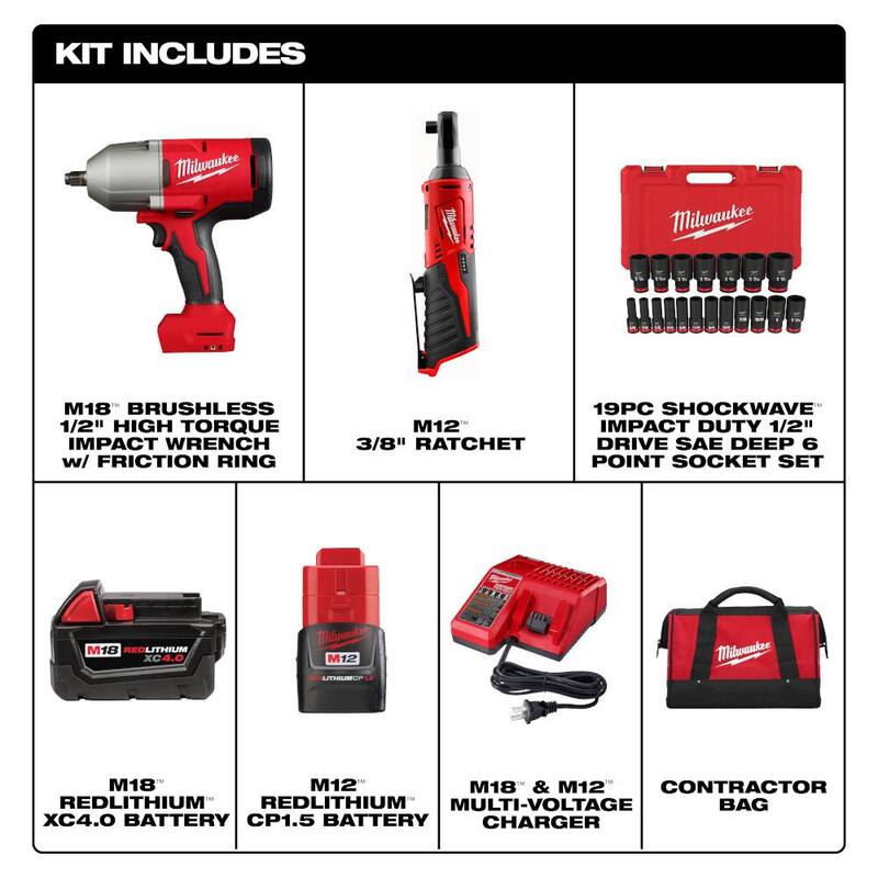 Milwaukee M12/M18 12/18V Juego Combo de Trinquete Inalámbrico de Ión de Litio de 3/8 pulg. y Llave de Impacto de 1/2 pulg. con Juego de Dados (19 piezas) - 2666-22RH-49-66-7012