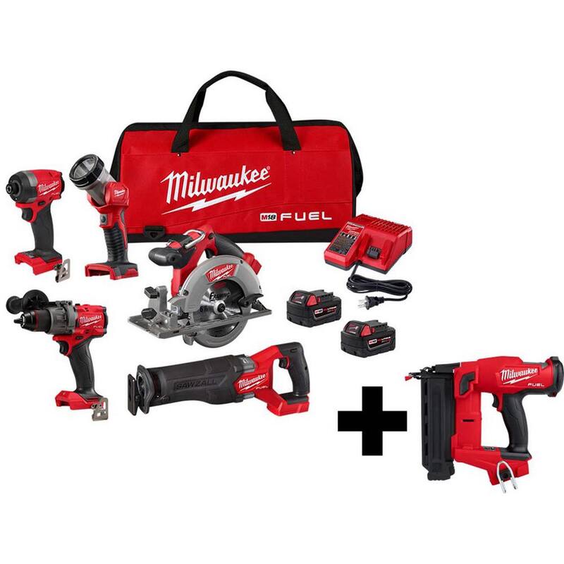 Juego combinado inalámbrico sin escobillas de litio de 18 voltios Milwaukee M18 FUEL (5 herramientas) con clavadora de brad de calibre 18 M18 FUEL - 3697-25-2746-20