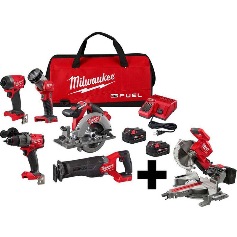 Juego de combo inalámbrico con motor Milwaukee M18 FUEL de 18 voltios y batería de iones de litio sin escobillas (5 herramientas) con sierra ingletadora compuesta deslizante de bisel doble de 10 pulgadas - 3697-25-2734-20.
