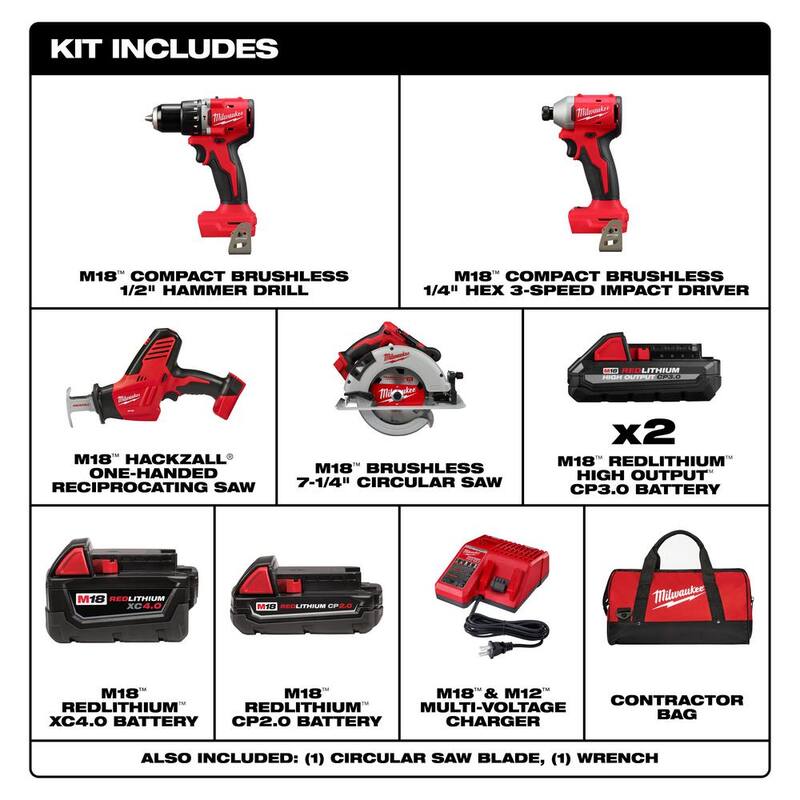 Milwaukee M18 18-Volt Lith-Ion Brushless Cordless Combo Kit (4 herramientas) con 2 baterías y paquete de batería de alta capacidad CP 3.0Ah (paquete doble) - 3693-24CX-48-11-1837.