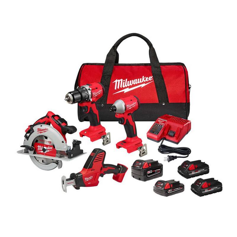 Milwaukee M18 18-Volt Lith-Ion Brushless Cordless Combo Kit (4 herramientas) con 2 baterías y paquete de batería de alta capacidad CP 3.0Ah (paquete doble) - 3693-24CX-48-11-1837.