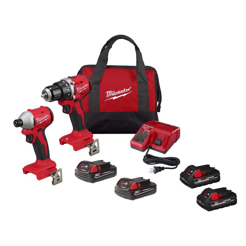 Juego de Combo de Taladro/Impacto Compacto Inalámbrico Milwaukee M18 de 18 voltios con Tecnología de Iones de Litio sin Escobillas (2 herramientas) con (4) Baterías, Cargador y Bolsa - 3692-22CT-48-11-1837