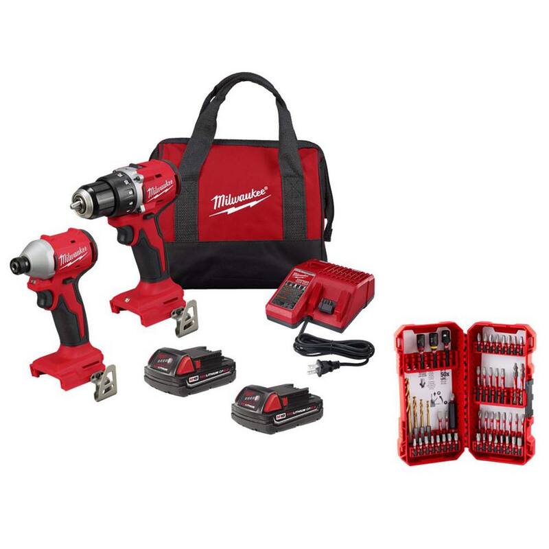 Milwaukee M18 18V Litio-Ion sin escobillas Kit de Combo de Taladro de Impacto Inalámbrico Compacto con Set de Puntas de Atornillador SHOCKWAVE - 3692-22CT-48-32-4024