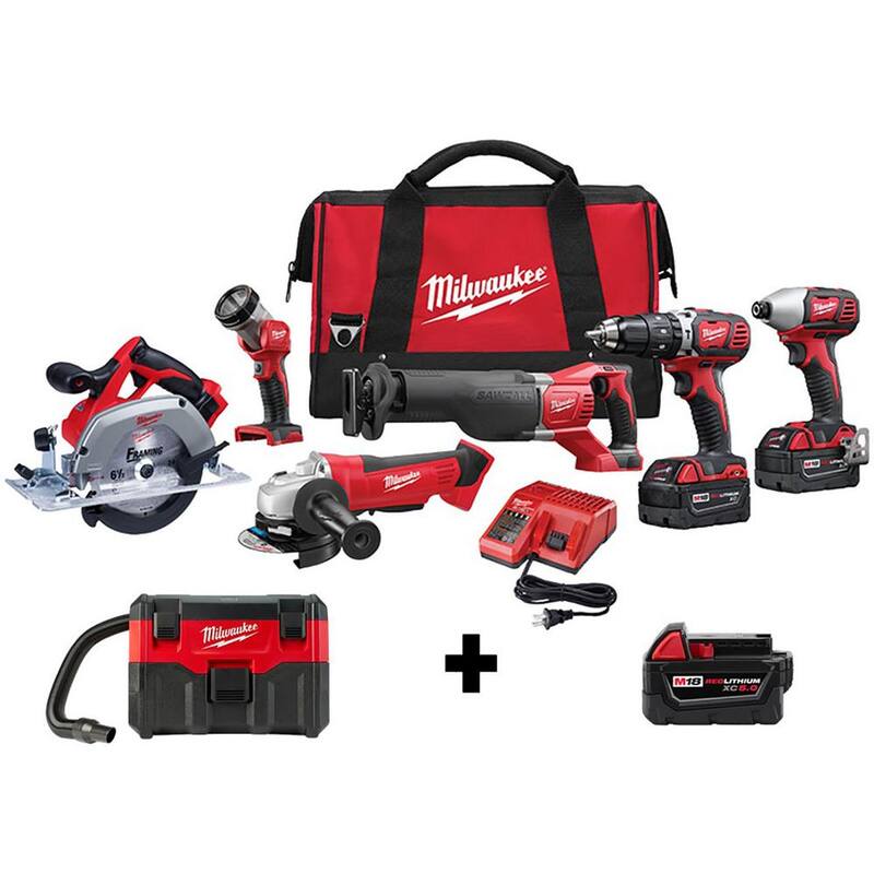 Juego de herramientas inalámbricas Milwaukee M18 18V de iones de litio (6 herramientas) con aspiradora húmeda/seca y batería adicional de 5.0Ah - 2696-26-0880-20-48-11-1850