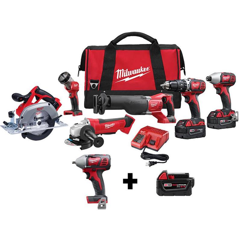 Juego de herramientas inalámbricas combo Milwaukee M18 18V de iones de litio (6 herramientas) con llave de impacto de 3/8 pulg. y batería adicional de 5.0 Ah - 2696-26-2658-20-48-11-1850