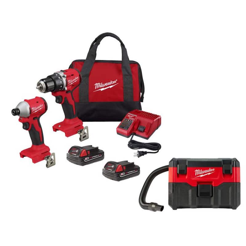 Milwaukee M18 18-Volt Lithium-Ion Brushless Cordless Compact Drill/Impact Combo Kit con(2) Baterías, Cargador, Bolsa y M18 2 Gal Vac - 3692-22CT-0880-20