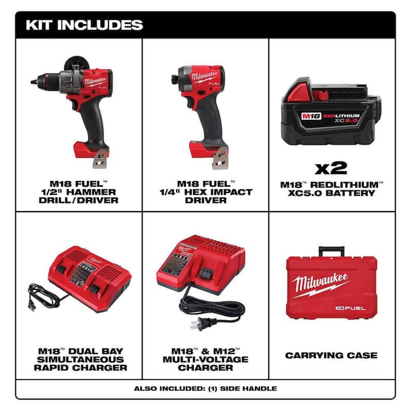 Milwaukee M18 FUEL 18-V Lithium-Ion Brushless Cordless Hammer Drill and Impact Driver Combo Kit (2 herramientas) con Cargador Dual Rápido - 3697-22-48-59-1802