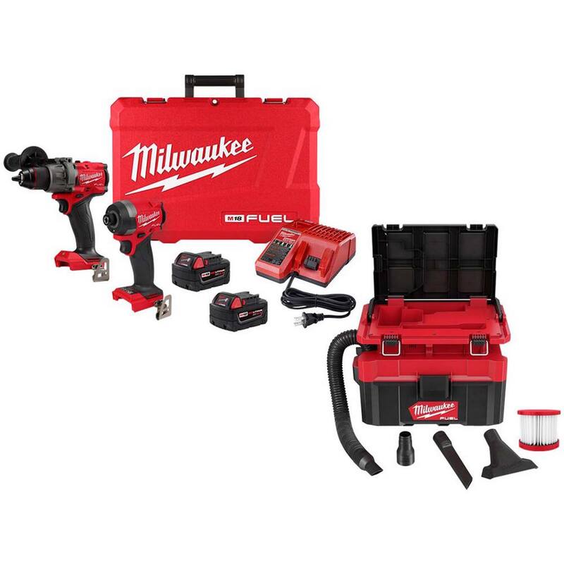 Milwaukee M18 FUEL 18V Lithium-Ion Brushless Cordless Hammer Drill/Impact Driver Combo Kit con Aspiradora Húmeda/Seca de 2.5 Gal M18 Packout - 3697-22-0970-20