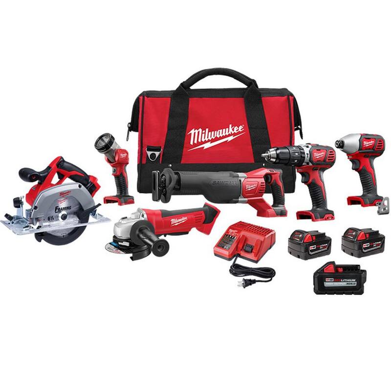 Kit combinado inalámbrico Milwaukee M18 de 18 voltios con baterías de iones de litio de 3.0 Ah, 6.0 Ah, un cargador y una bolsa para herramientas (6 herramientas) - 2696-26-48-11-1865.