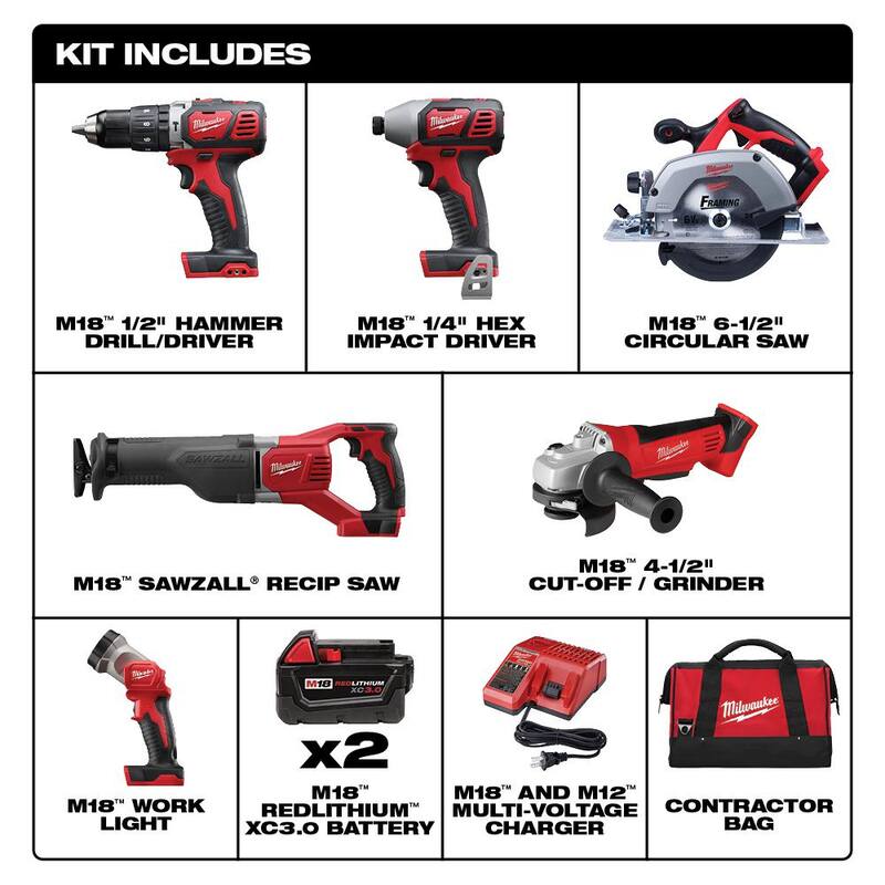 Kit combinado inalámbrico Milwaukee M18 de 18 voltios con baterías de iones de litio de 3.0 Ah, 6.0 Ah, un cargador y una bolsa para herramientas (6 herramientas) - 2696-26-48-11-1865.