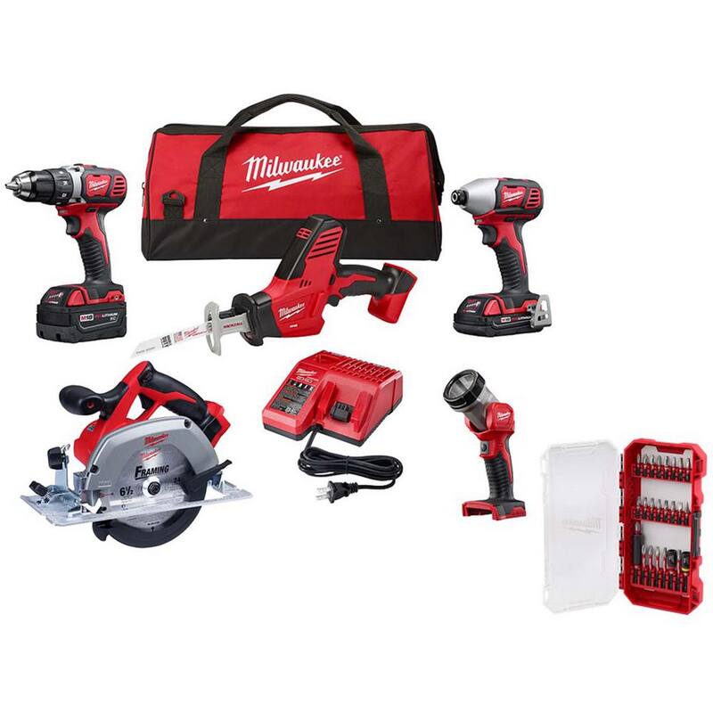 Paquete combo inalámbrico Milwaukee M18 18V de iones de litio (5 herramientas) con (1) batería de 3.0Ah y (1) batería de 1.5Ah, (1) cargador y juego de brocas (25 piezas) - 2695-25CX-48-32-4095