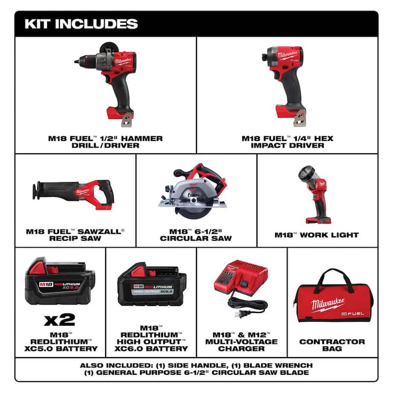 Paquete combinado inalámbrico sin escobillas de 18 voltios de ion de litio Milwaukee M18 FUEL (5 herramientas) con (4) baterías, 1 cargador y 1 bolsa para herramientas - 3697-25-48-11-1865
