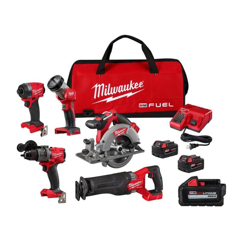 Paquete combinado inalámbrico sin escobillas de 18 voltios de ion de litio Milwaukee M18 FUEL (5 herramientas) con (4) baterías, 1 cargador y 1 bolsa para herramientas - 3697-25-48-11-1865