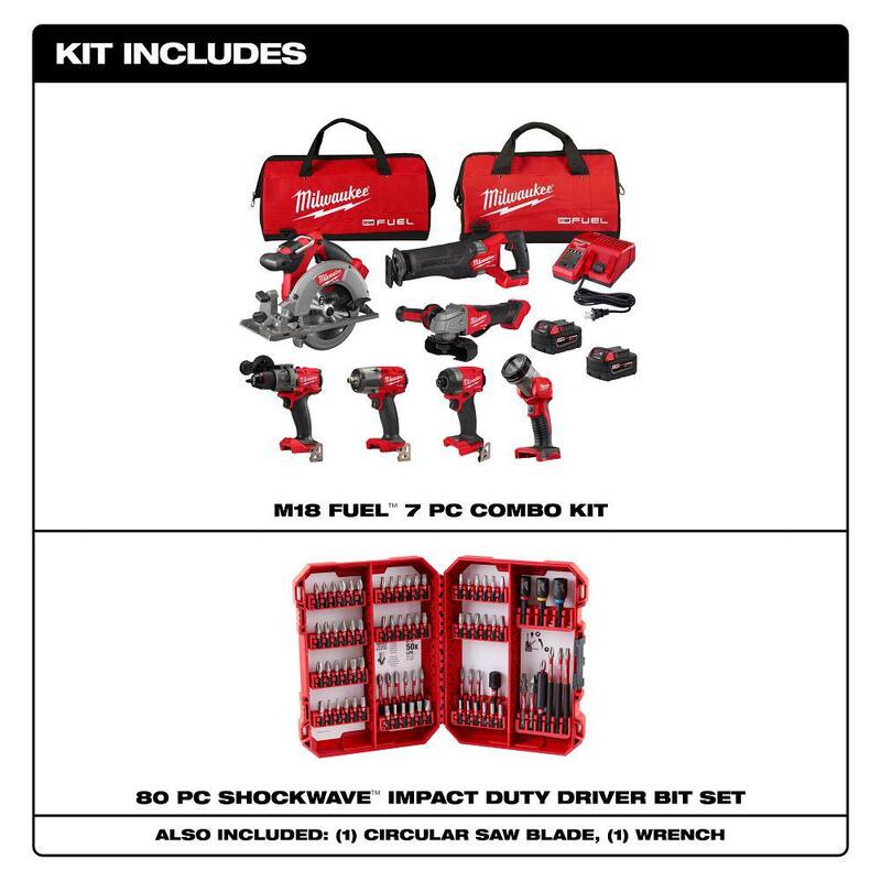 Milwaukee M18 FUEL 18V Lithium-Ion Brushless Cordless Combo Kit con 2 baterías de 5.0 Ah, cargador, bolsas para herramientas (7 herramientas) y juego de puntas (80 piezas) - 3697-27-48-32-4094