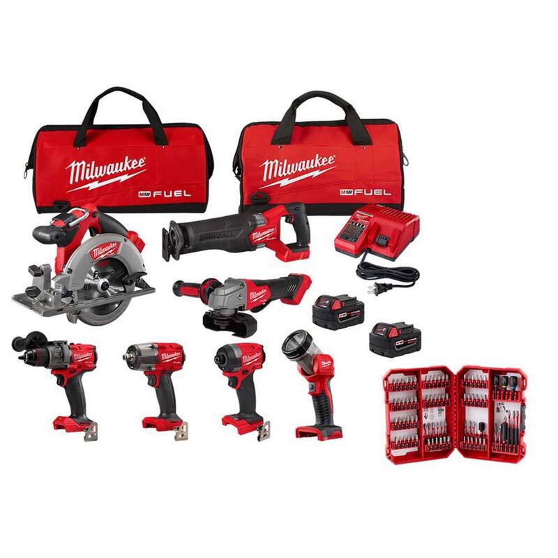Milwaukee M18 FUEL 18V Lithium-Ion Brushless Cordless Combo Kit con 2 baterías de 5.0 Ah, cargador, bolsas para herramientas (7 herramientas) y juego de puntas (80 piezas) - 3697-27-48-32-4094