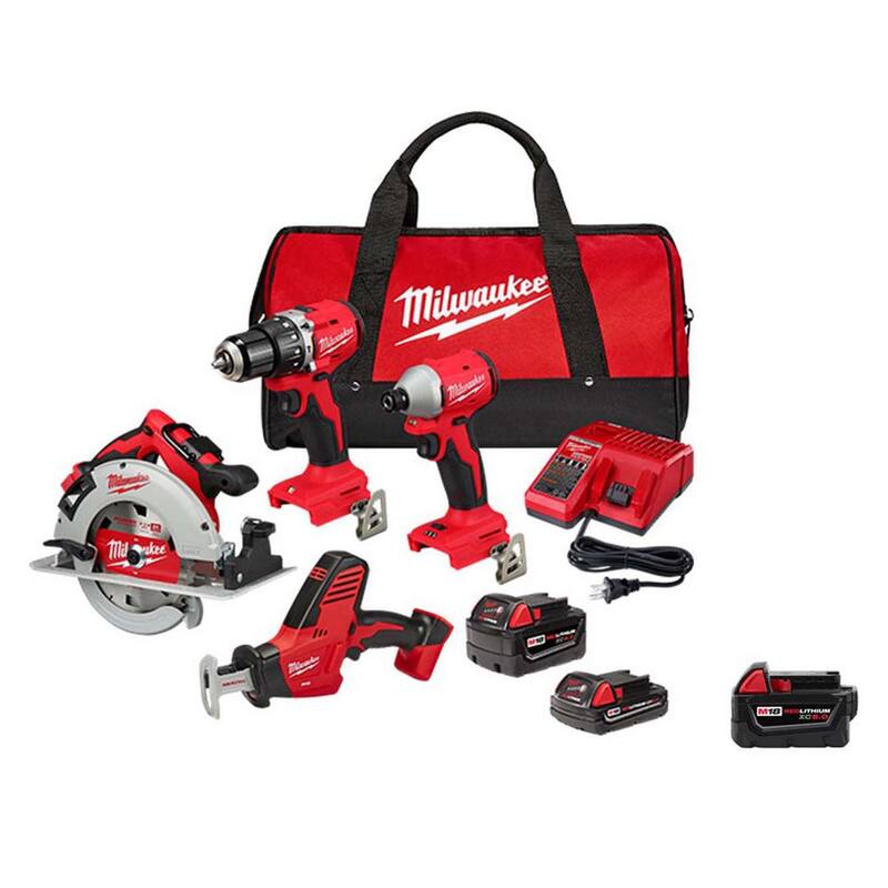 Juego de combinación inalámbrico Milwaukee M18 18V de iones de litio sin escobillas (4 herramientas) con 3 baterías, 1 cargador y bolsa de herramientas - 3693-24CX-48-11-1850