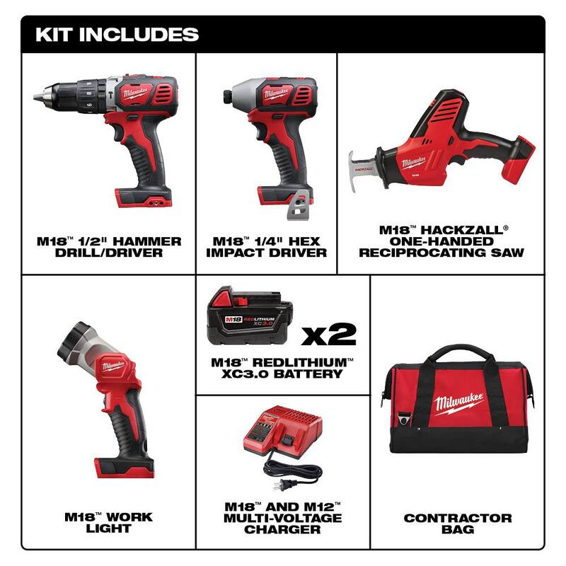 Equipo de combinación Milwaukee M18 18V Ion de litio inalámbrico (4 herramientas) con (2) baterías 3.0Ah, (1) cargador, (1) bolsa para herramientas, juego de cuchillas (11 piezas) - 2695-24-48-00-1788T