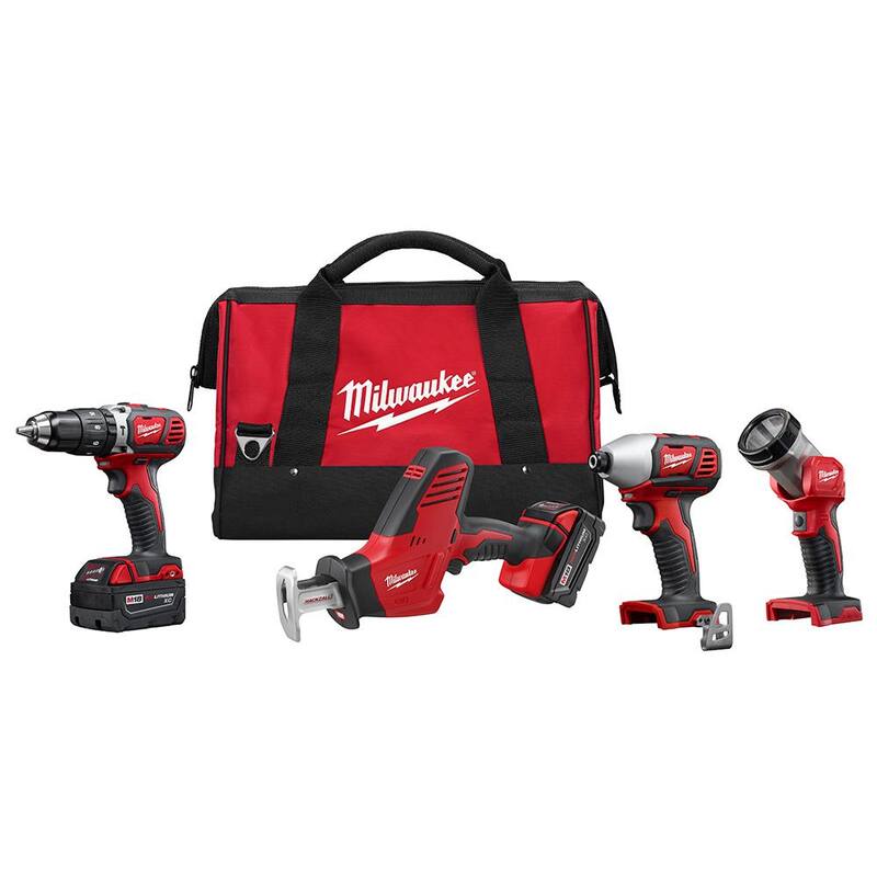 Equipo de combinación Milwaukee M18 18V Ion de litio inalámbrico (4 herramientas) con (2) baterías 3.0Ah, (1) cargador, (1) bolsa para herramientas, juego de cuchillas (11 piezas) - 2695-24-48-00-1788T
