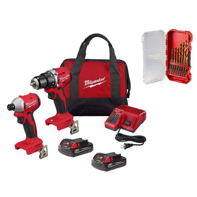 Milwaukee M18 18V Kit de combo inalámbrico de taladro/impacto compacto con batería de iones de litio y sin escobillas con juego de puntas de taladro de titanio SHOCKWAVE - 3692-22CT-48-89-4670